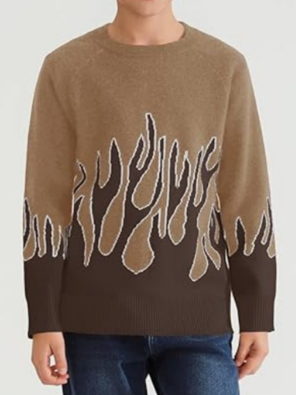 Flame Pattern Crewneck Sweater - Brown/Tan